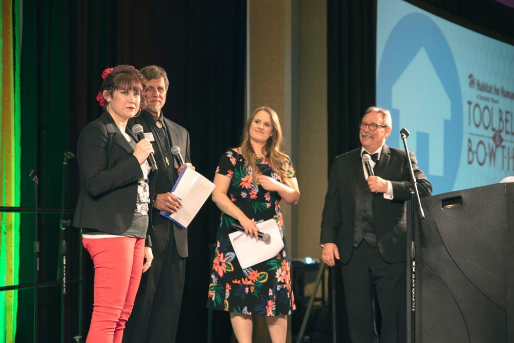 Home Sweet Home
At the Tool Belts & Bow Ties gala March 22, Jennifer Williams, far left, shares her story of receiving a Habitat for Humanity home in 2018. She’s joined on stage at the annual fundraiser with Habitat for Humanity of Springfield Executive Director Larry Peterson and emcees Chelsea Banner and Rick Moore of radio station KTTS-FM. Organizers say the event raised $134,171 to build a home for another local family.